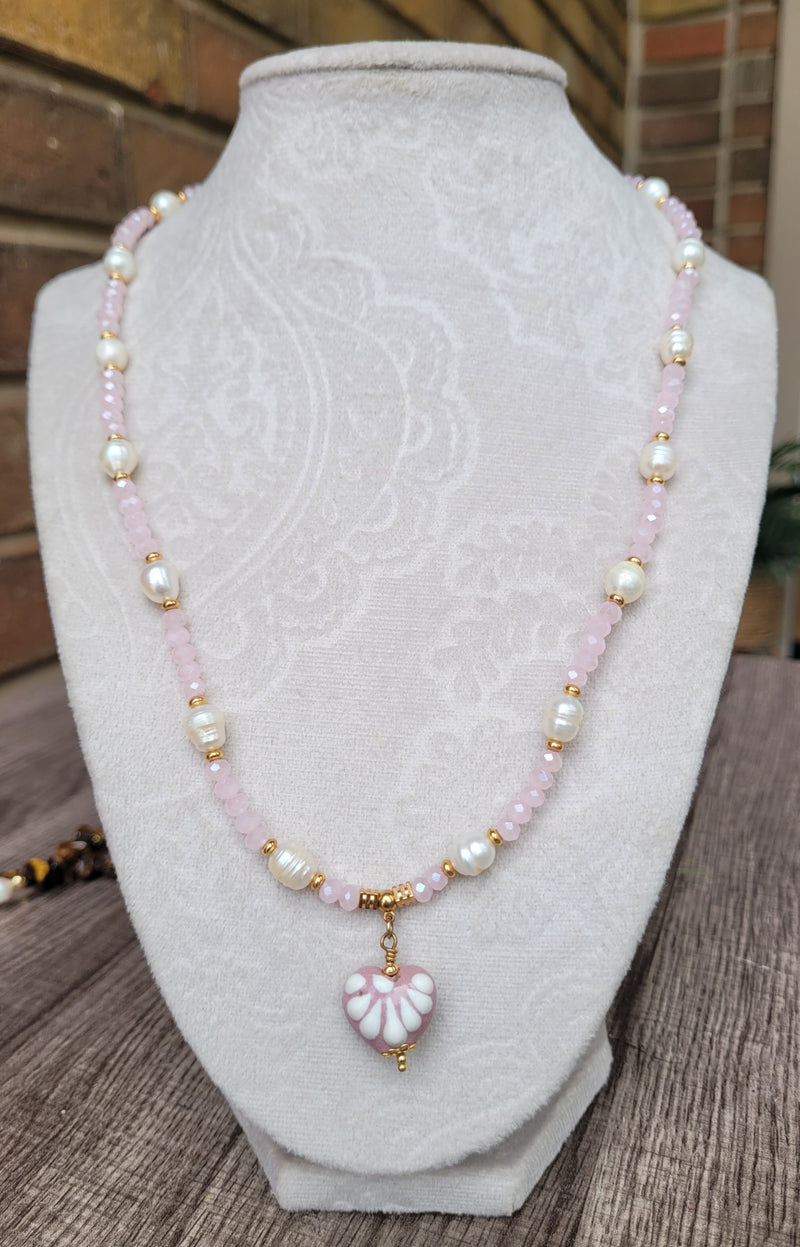 Heart talavera /crystal & pearls necklace