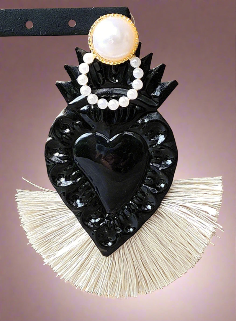 Black Sacred heart tassel earrings