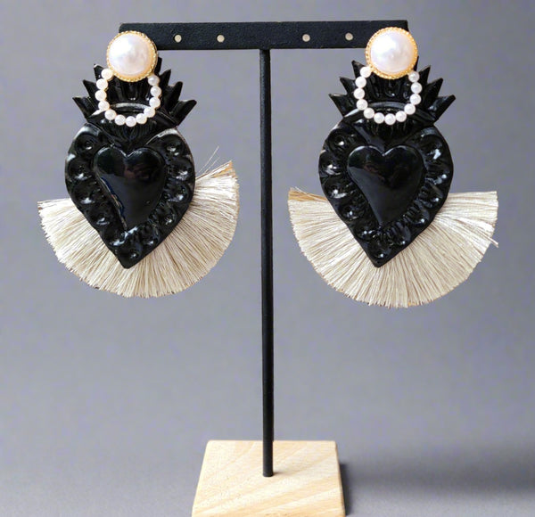 Black Sacred heart tassel earrings