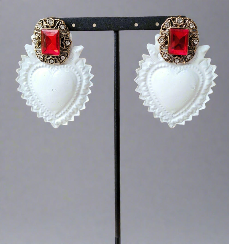 White Sacred heart tin earrings