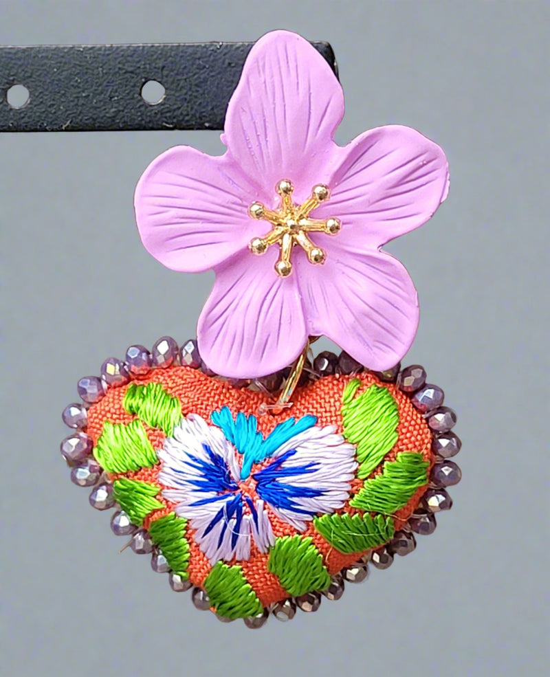 Orange embroidered heart/ flower earrings