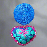 Blue heart/mint embroidery earrings