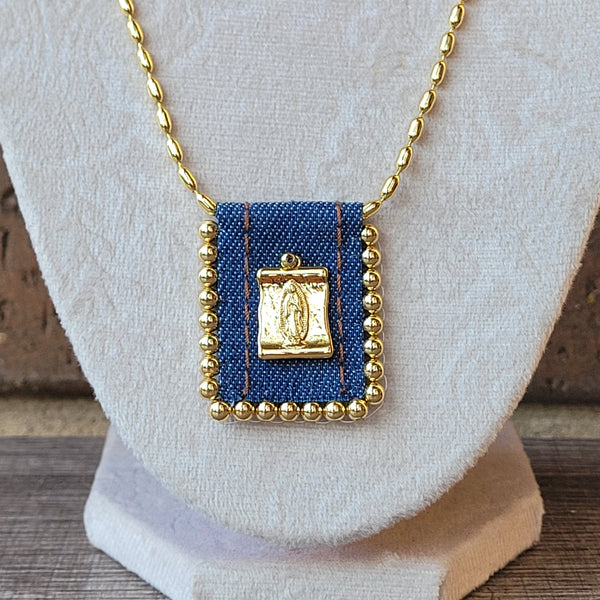 Denim scapular virgen necklace