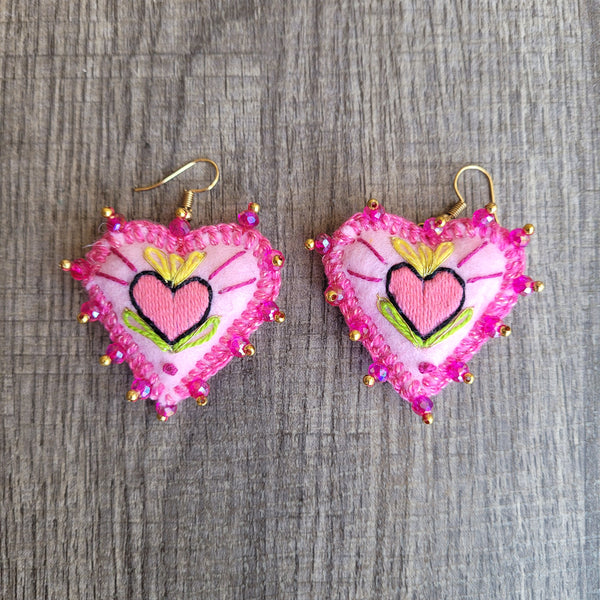 Pink sagrado corazon embroidered earrings