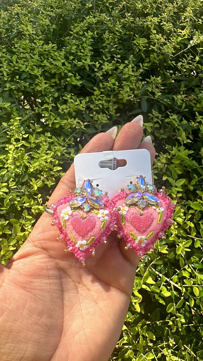 Pink sagrado corazon embroidered earrings