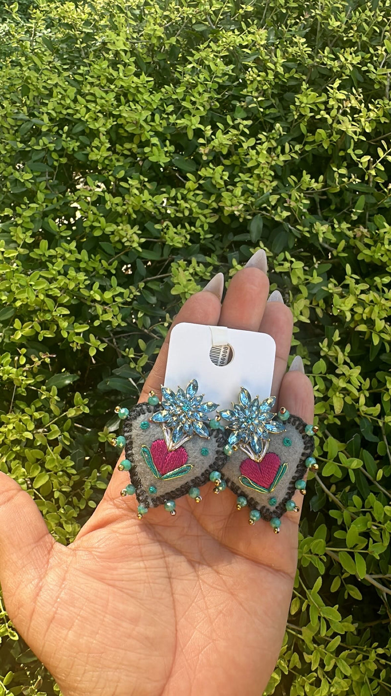 Gray sagrado corazon embroidered earrings