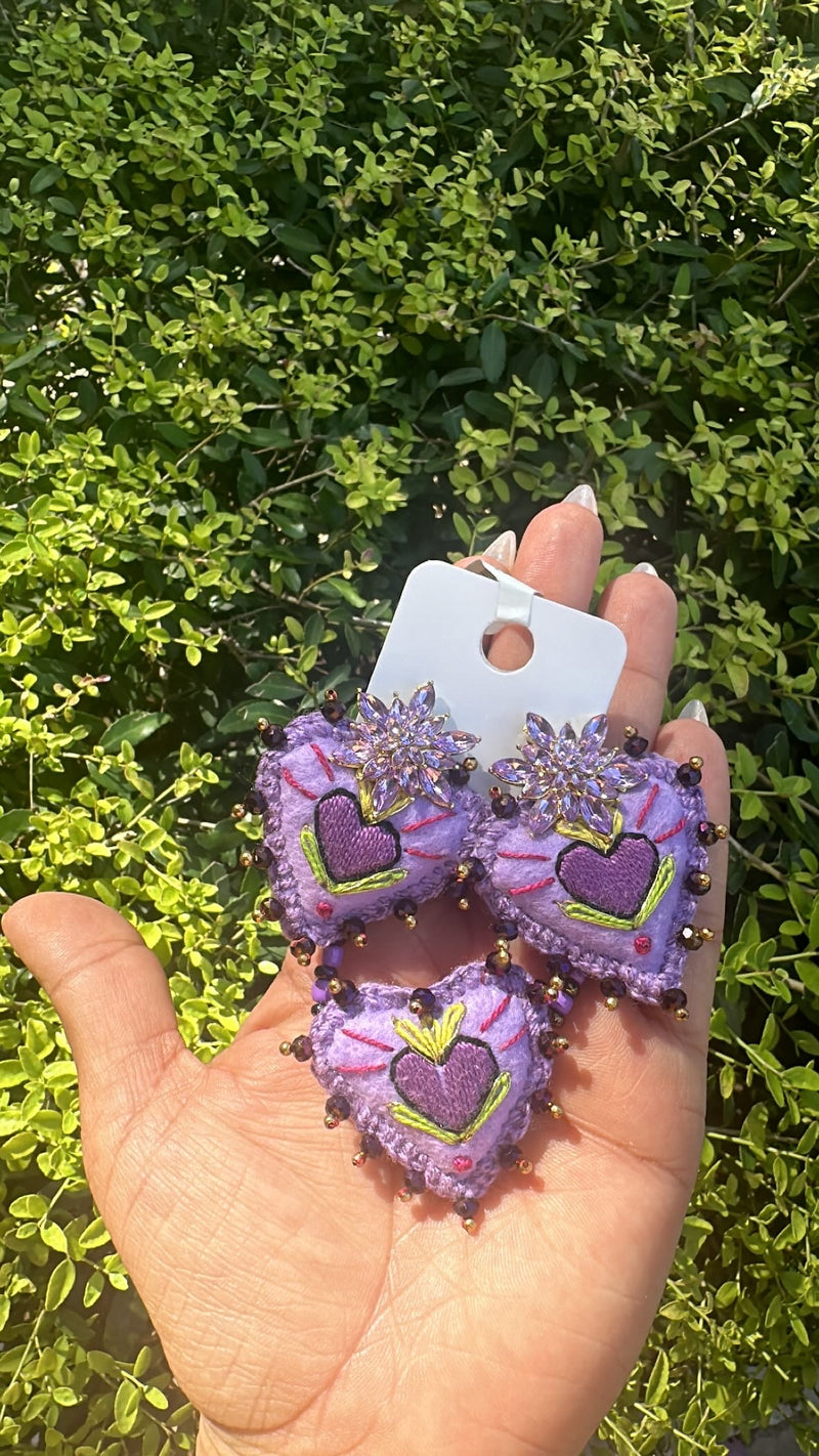 Purple Sagrado corazon necklace  & earrings set