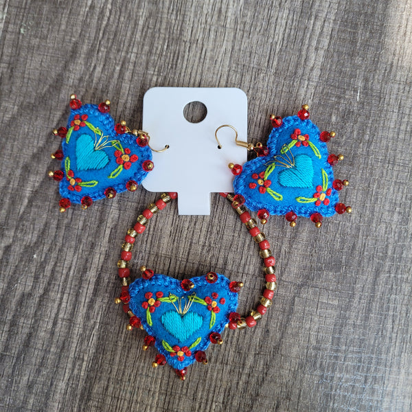 Blue sagrado corazon embroidered bracelet/earrings set