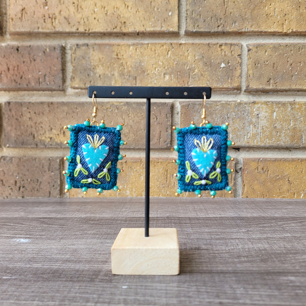 Denim square sagrado corazon embroidered earrings