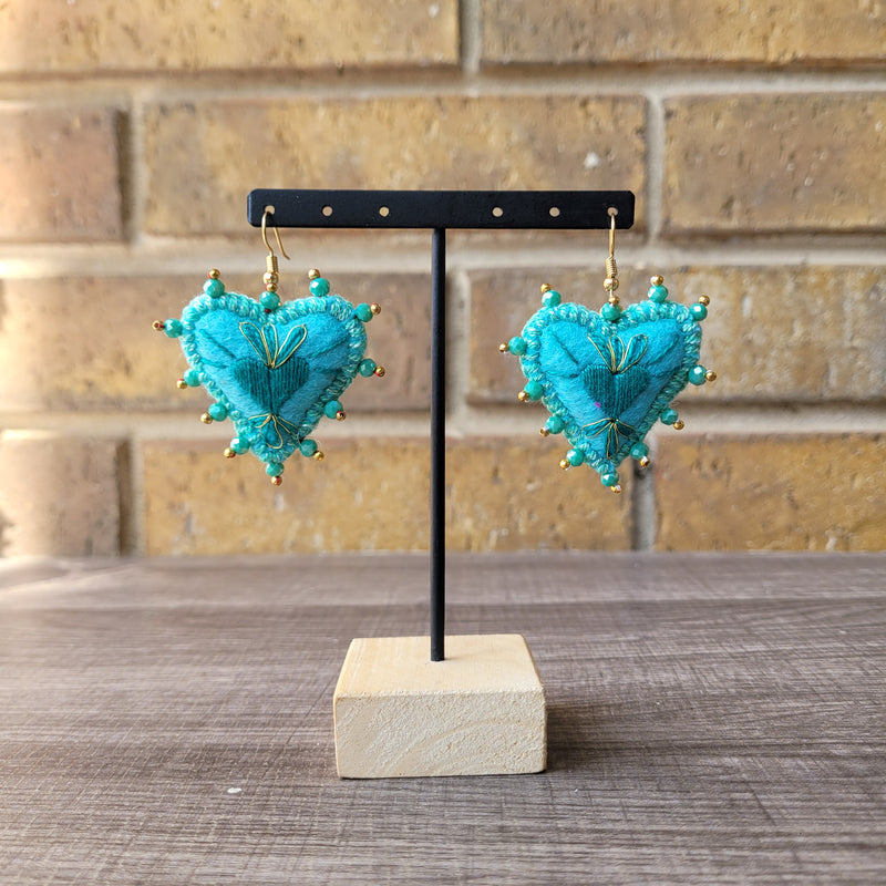 Turquoise sagrado corazon embroidered earrings