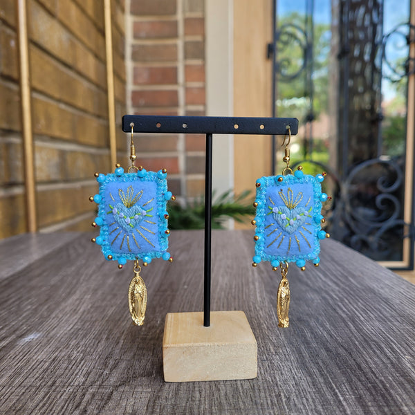 Virgen / blue sagrado corazon embroidered earrings