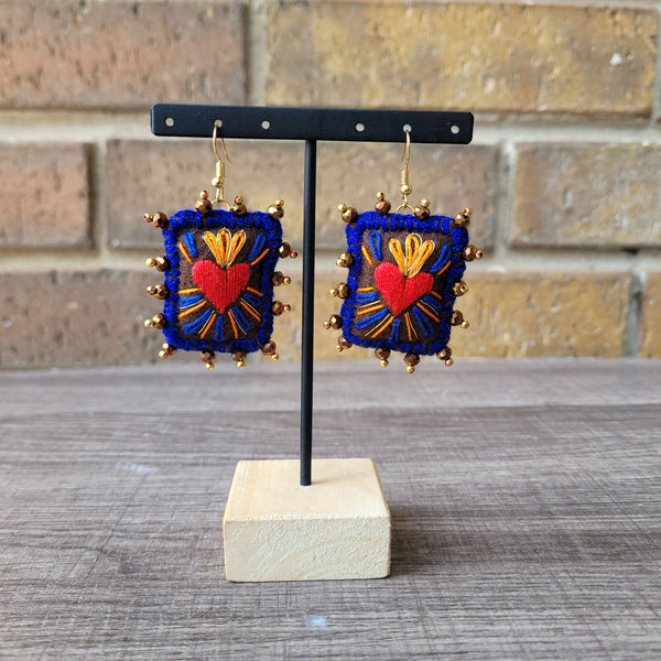 Navy / Brown sagrado corazon embroidered earrings