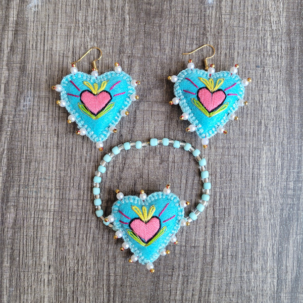 Aqua/pink sagrado corazon embroidered bracelet/earrings set