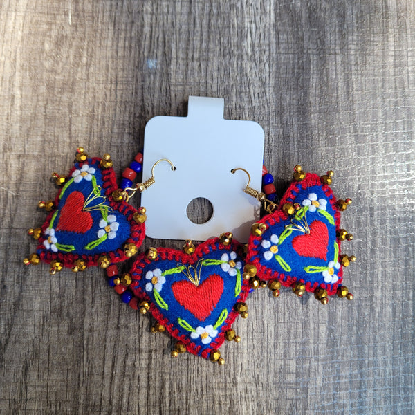 Red/navy sagrado corazon embroidered bracelet/earrings set